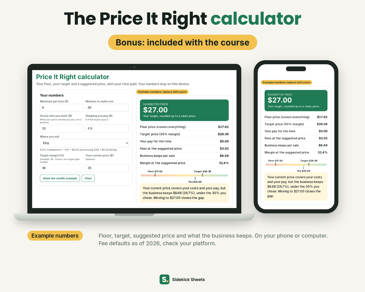 The Price It Right calculator with example numbers