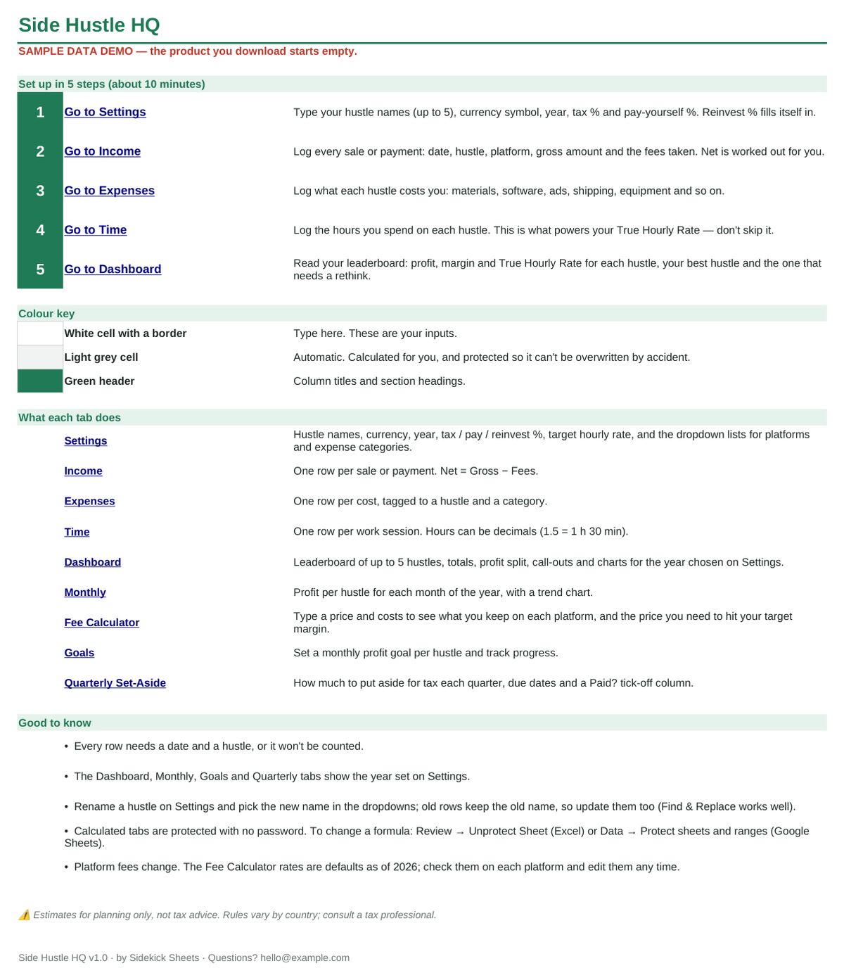 Start Here tab with 5-step setup for Google Sheets and Excel