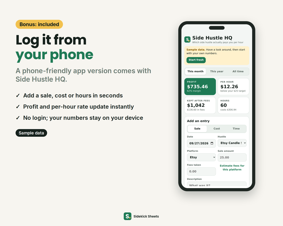 Side Hustle HQ phone-friendly app version: log sales, costs and hours from your phone (sample data)