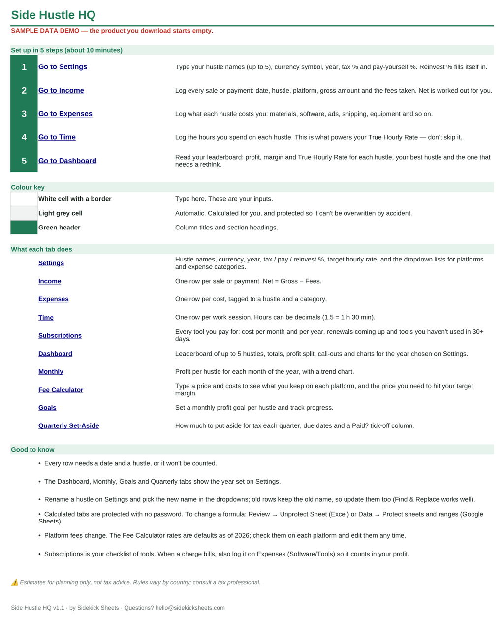 Start Here tab with 5-step setup for Google Sheets and Excel