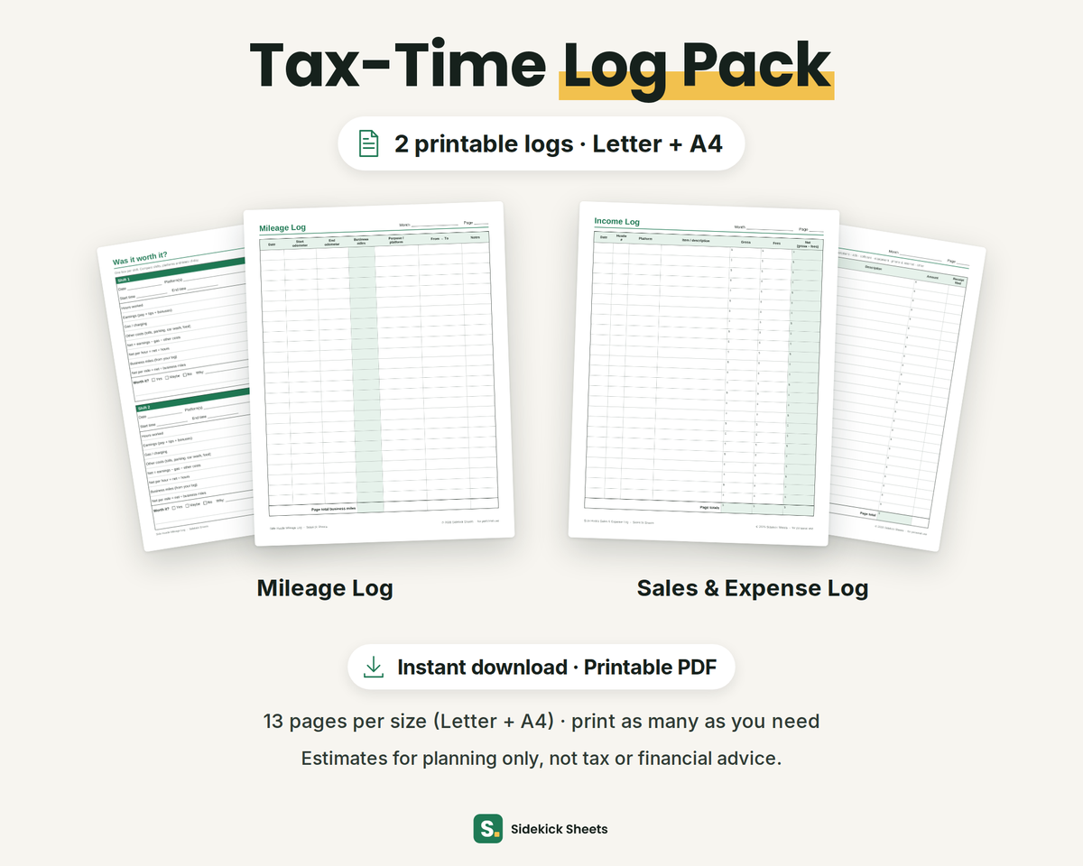 Tax-Time Log Pack: the Side Hustle Mileage Log and the Side Hustle Sales & Expense Log as blank printable pages, US Letter and A4, 13 pages per size
