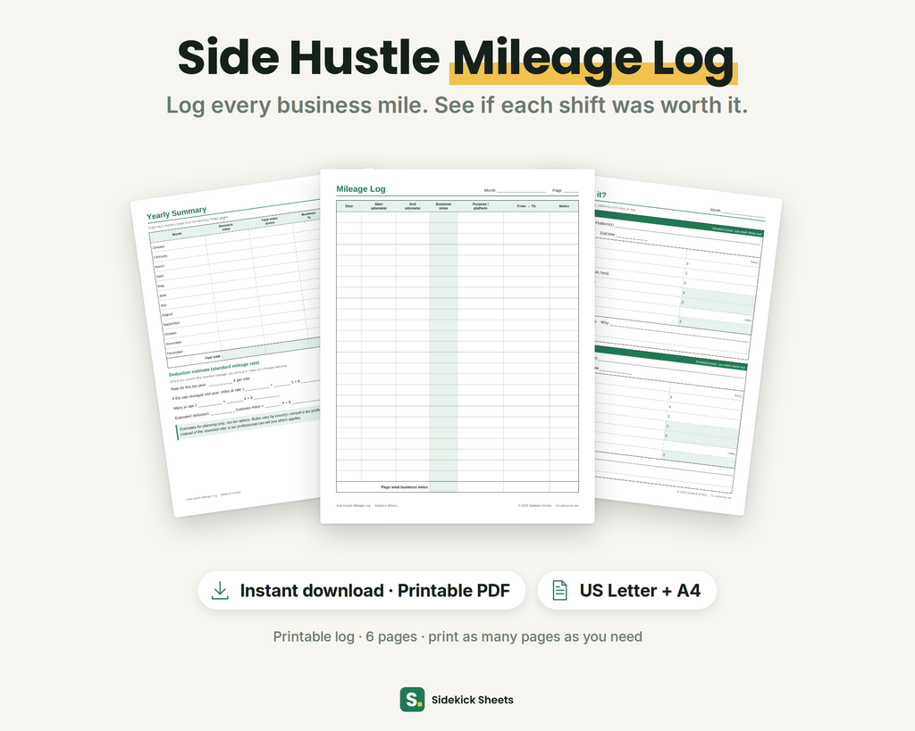 Side Hustle Mileage Log printable: blank mileage log page in front of the Yearly Summary and "Was it worth it?" shift pages, US Letter and A4 PDF, 6 pages