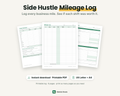Side Hustle Mileage Log printable: blank mileage log page in front of the Yearly Summary and "Was it worth it?" shift pages, US Letter and A4 PDF, 6 pages