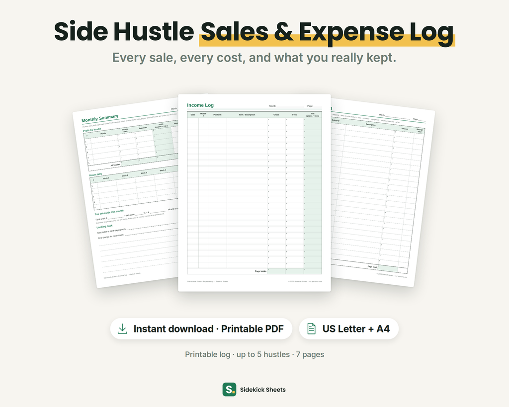 Side Hustle Sales & Expense Log printable: blank income log page in front of the monthly summary and expense log pages, US Letter and A4 PDF, up to 5 hustles, 7 pages
