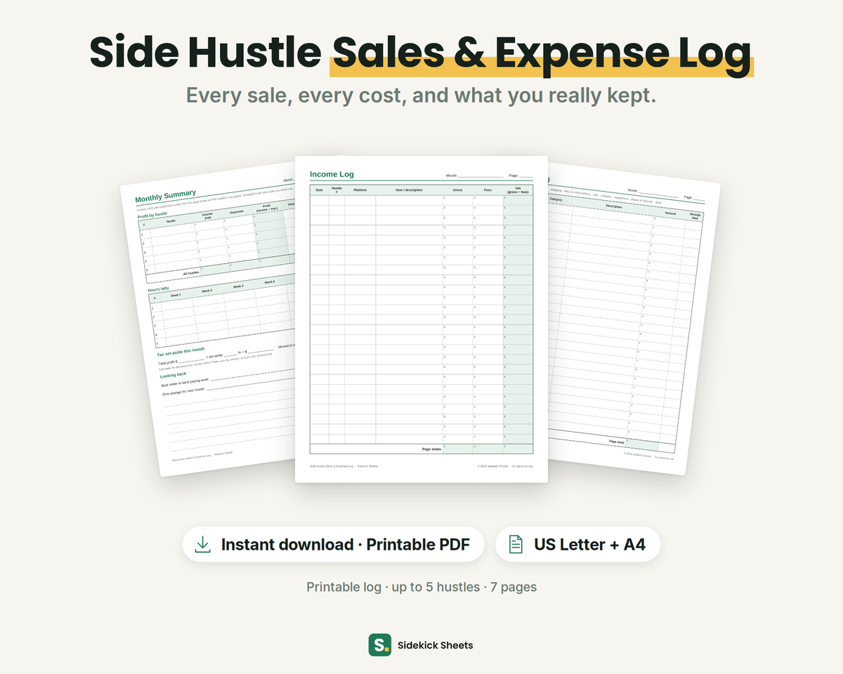 Side Hustle Sales & Expense Log printable: blank income log page in front of the monthly summary and expense log pages, US Letter and A4 PDF, up to 5 hustles, 7 pages