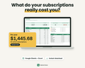Subscription Tracker summary tab with sample data: monthly and yearly total, spending by category, alerts and the next renewals