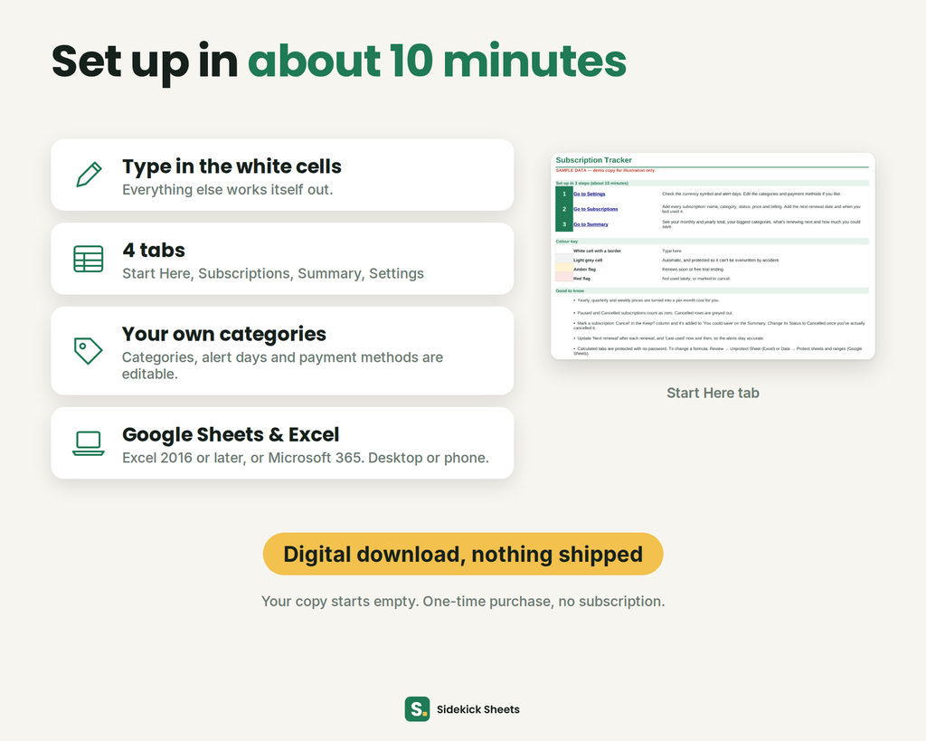 How to set up the Subscription Tracker in about 10 minutes: four tabs, editable categories, works in Google Sheets and Excel